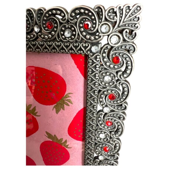 PIER 1 Beaded Metal Picture Frame Silver Red Filigree Wall Tabletop 5x7 - Picture 4 of 11